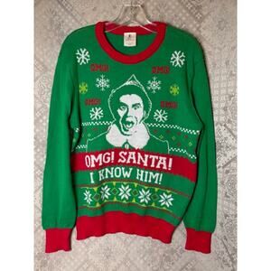 Ugly Christmas Sweater Elf Santa I Know Him Men's L Xmas Holiday EUC funny